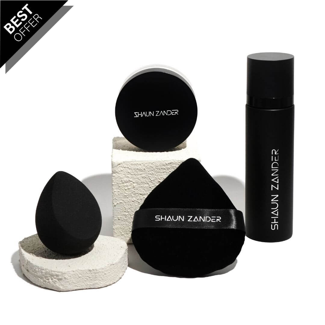 Ultimate makeup lock set. Setting spray, face powder, powder puff and sponge to give you the ultimate all-day makeup lock.
