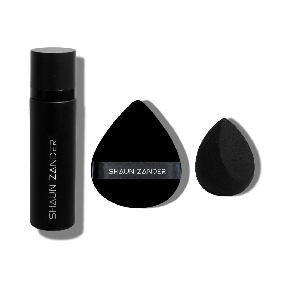 Crease-free makeup set. Setting spray, powder puff, and makeup sponge designed to give you all-day crease free makeup.